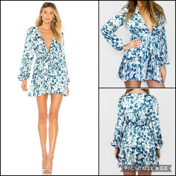 Majorelle Blue Floral Print Balloon Sleeve Plunge Tie Waist Ruffle Mini Dress - Picture 2 of 14